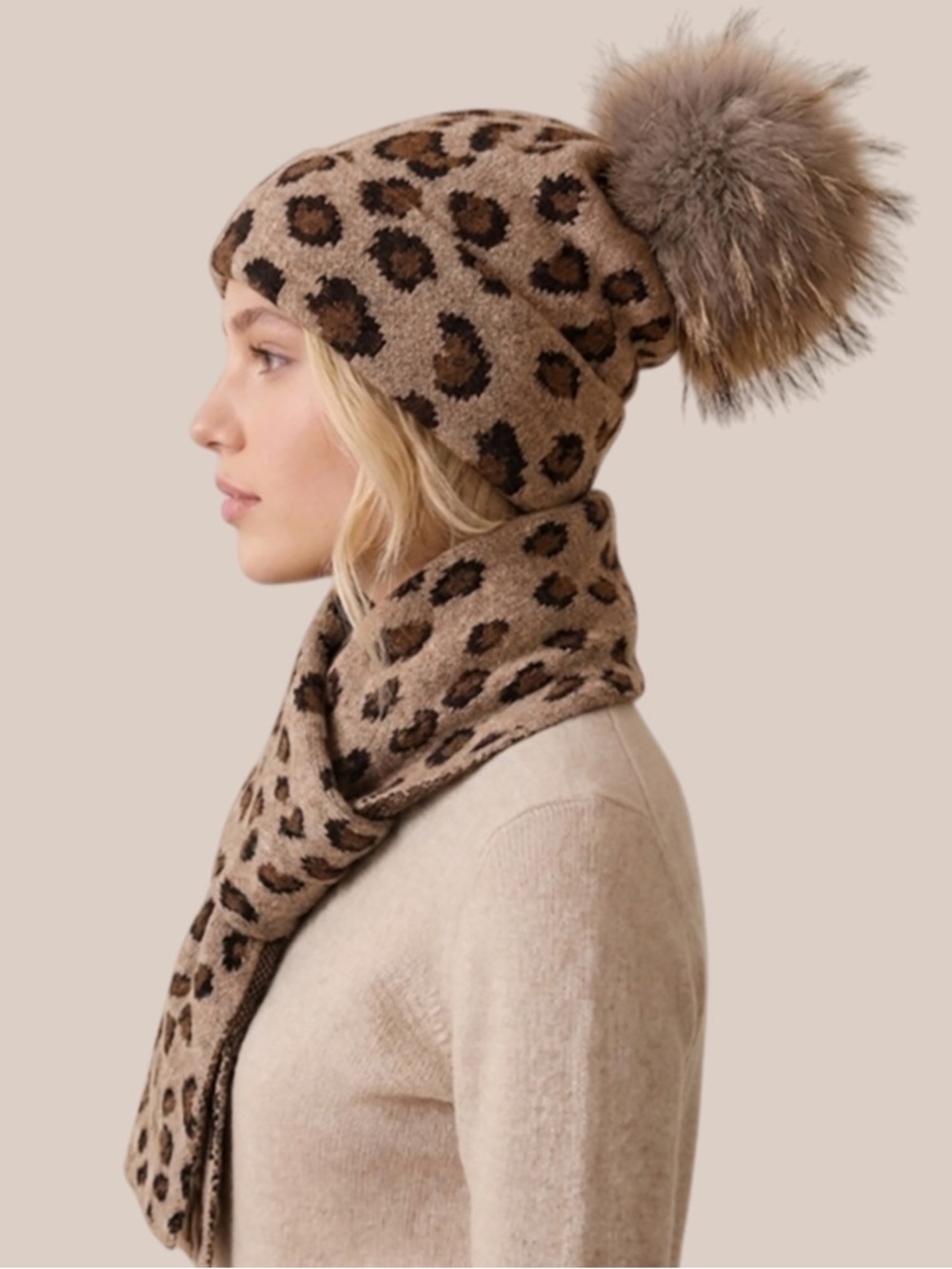 Leopard Print Pom-Pom Beanie and Scarf Set - Taupe